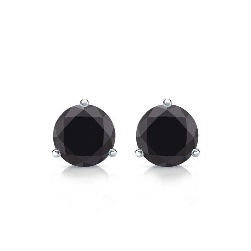 Certified 14k White Gold 3-Prong Martini Round Black Diamond Stud ...