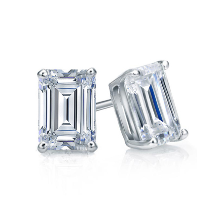 Certified 14k White Gold 4 Prong Basket Emerald Cut Diamond Stud