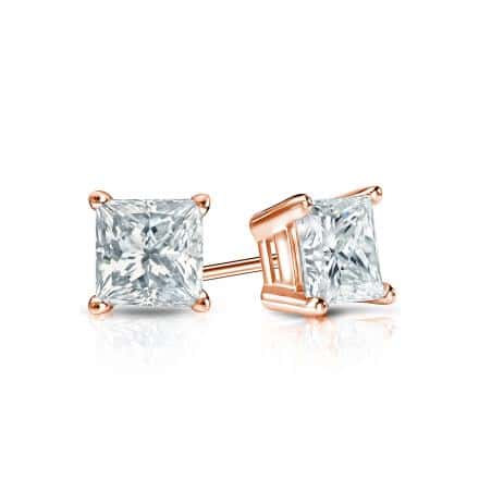 Certified 14k Rose Gold 4 Prong Basket Princess Cut Diamond Stud